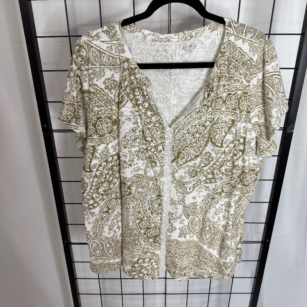 Wonderly 2X Short Sleeve Printed Top Golden Green